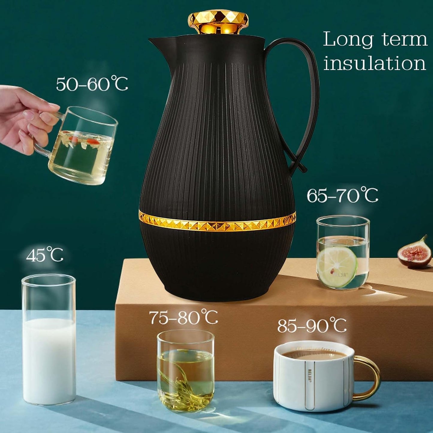 Insulated Thermal Coffee Carafe, 33 oz, Luxury Arabic-Style Insulated Carafe Flask,Coffee Tea Pot,with Spout and Glass Liner for Hot Cold Water,Housewarming Ornaments (Black)