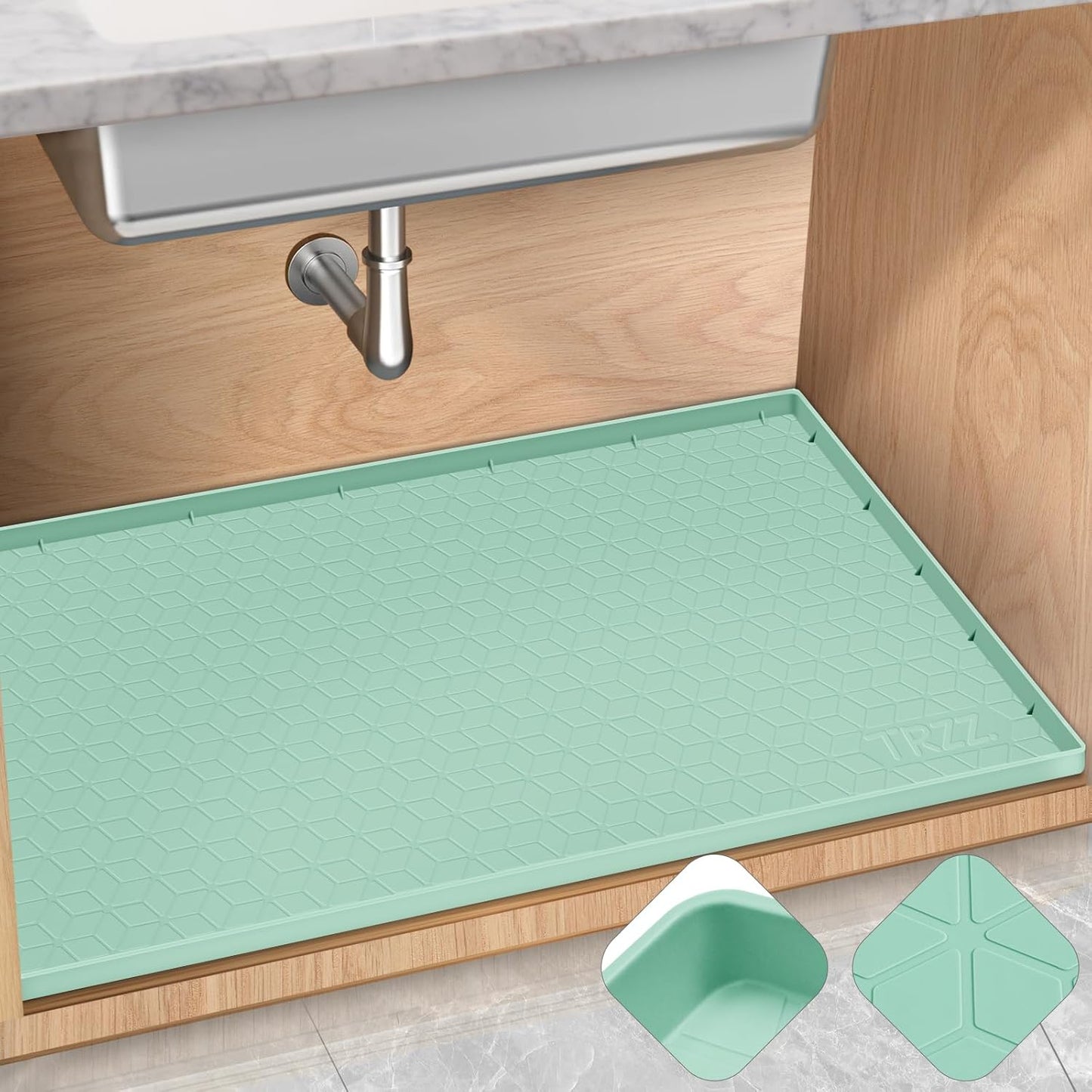 TRZZ Silicone Waterproof Under Sink Mat 31" x 22", Drip Tray and Cabinet Liner for Kitchen and Bathroom, Prevents Water Damage and Organizes Cabinets (Mint Green)