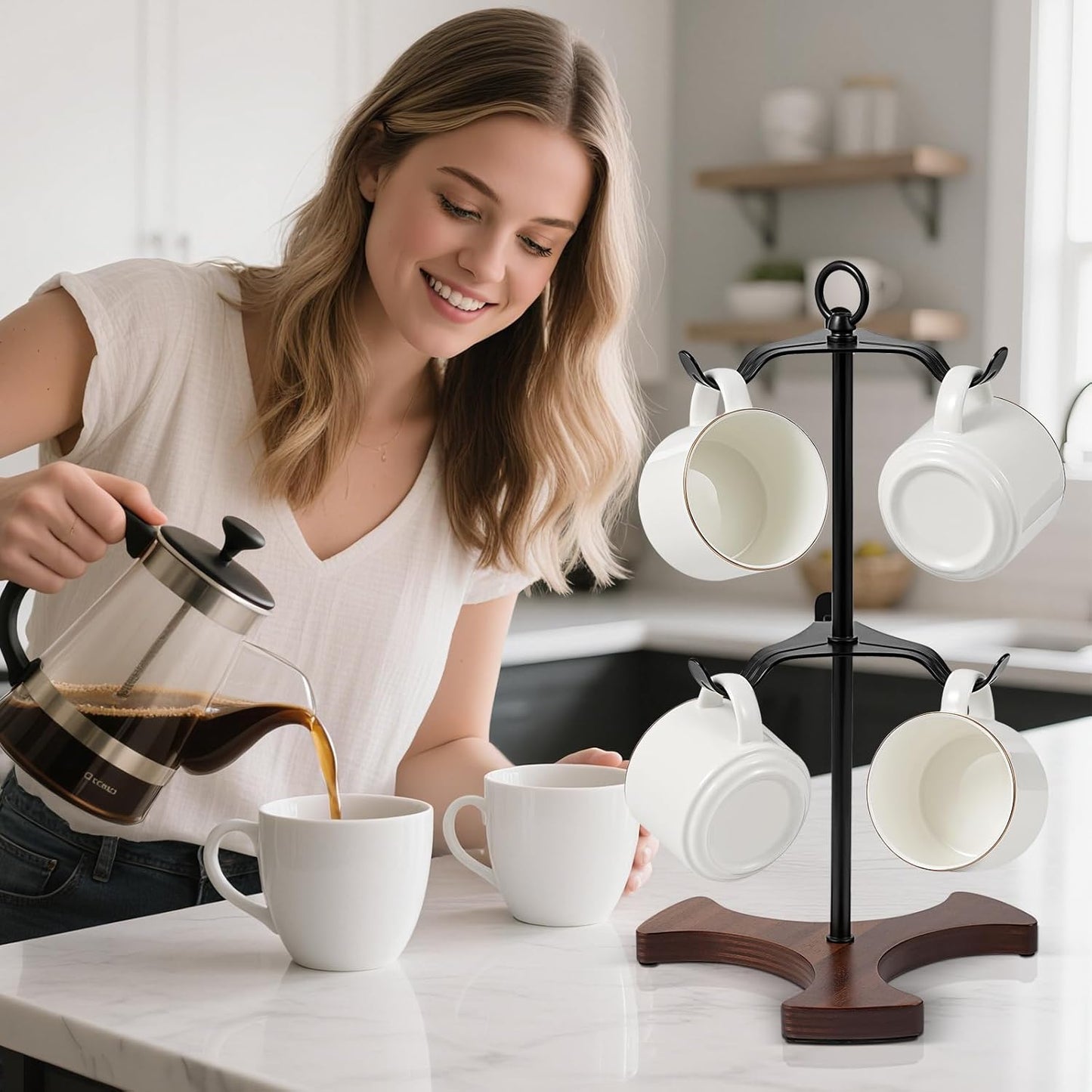 Mug Tree Y-Shaped, Coffee Mug Holder with Angled - Out Iron Hooks (No More Squeezing!), Solid Wood Base & Sturdy Iron Coffee Cup Rack, 6 Hook, Tools Included, Easy Install, Elevate Kitchen Nook Décor