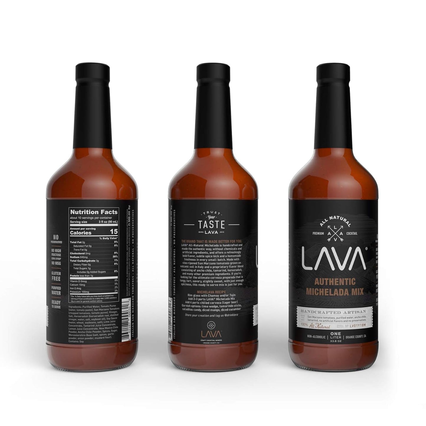 LAVA All Natural Authentic Michelada Mix Craft Cocktail Mixer, Made with Real Tomatoes, Ancho Chile Peppers, Tamarind, No Junk Ingredients, Vegan, 1-Liter (33.8oz) Glass Bottle, Ready to Use
