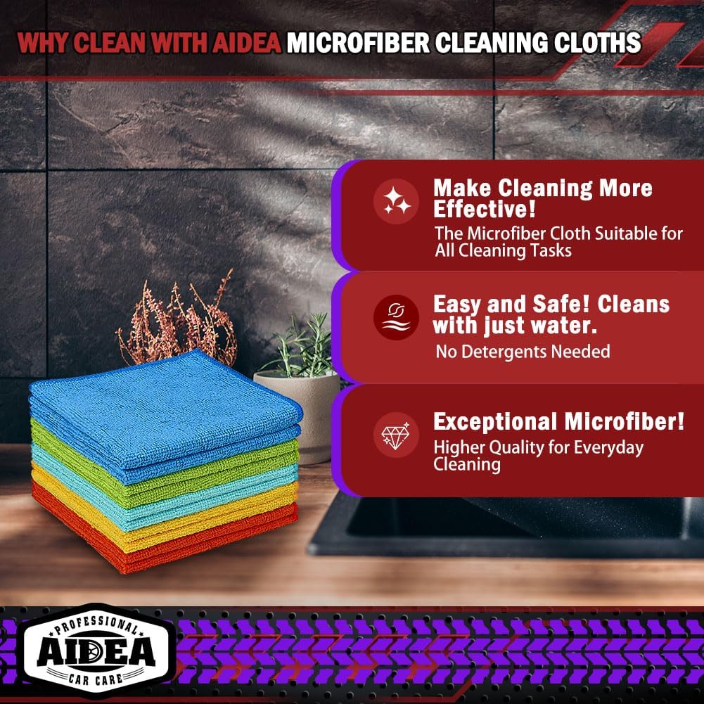AIDEA Microfiber Cleaning Cloth 20PK, Microfiber Towels for Cars, Dusting Cloth Cleaning Rags for SUVs, House, Kitchen, Window, Workshops, Cleaning Supplies 12"×12"