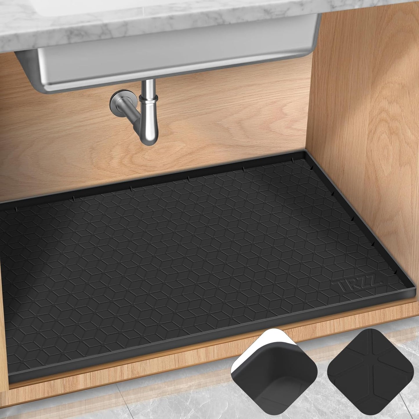 TRZZ Silicone Waterproof Under Sink Mat 22" x 19", Drip Tray and Cabinet Liner for Kitchen and Bathroom, Prevents Water Damage and Organizes Cabinets (Black)