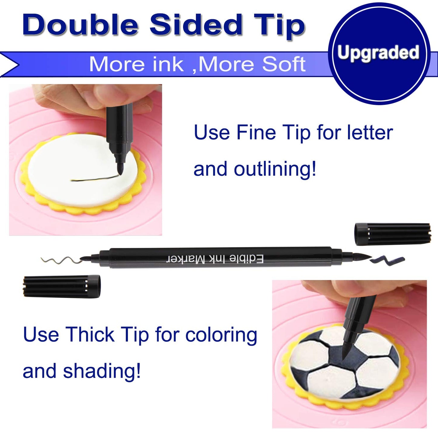 Dual Tips Food Coloring Pens，3PCS Black Color Food Grade and Edible Marker,Gourmet Writers for Decorating Fondant,Cakes, Cookies, Frosting, Easter Eggs, Thick Tip and Fine Tip, by Edibleink