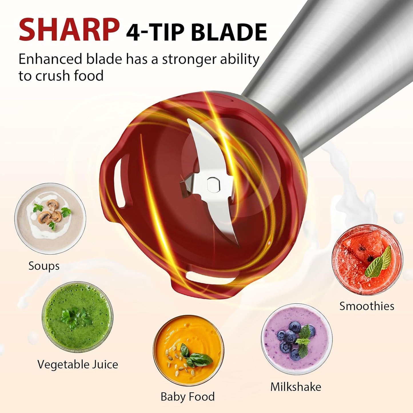 KOIOS Immersion Blender, 1000W Anti-scratch 3-in-1 Hand Blender, Upgraded 12 Speed Stainless Steel Blade Stick Blender with Turbo Mode, Whisk and Milk Frother, Non-BPA, Red