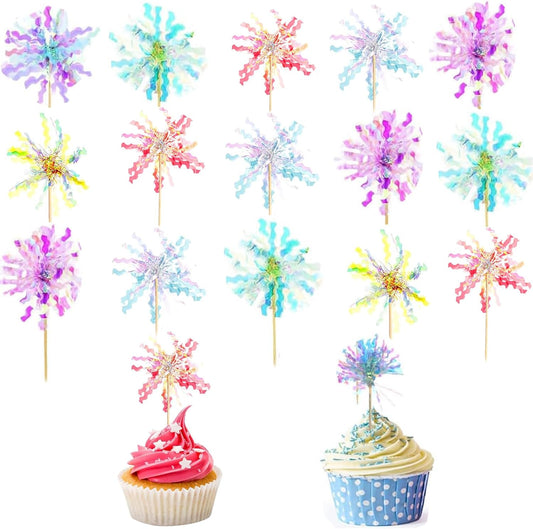 30 Pieces Happy Birthday Cake Toppers Foil Firework Cupcake Toppers Sparkle Tinsel Flower Drink Stirrers for Cake Decoration Party Supplies