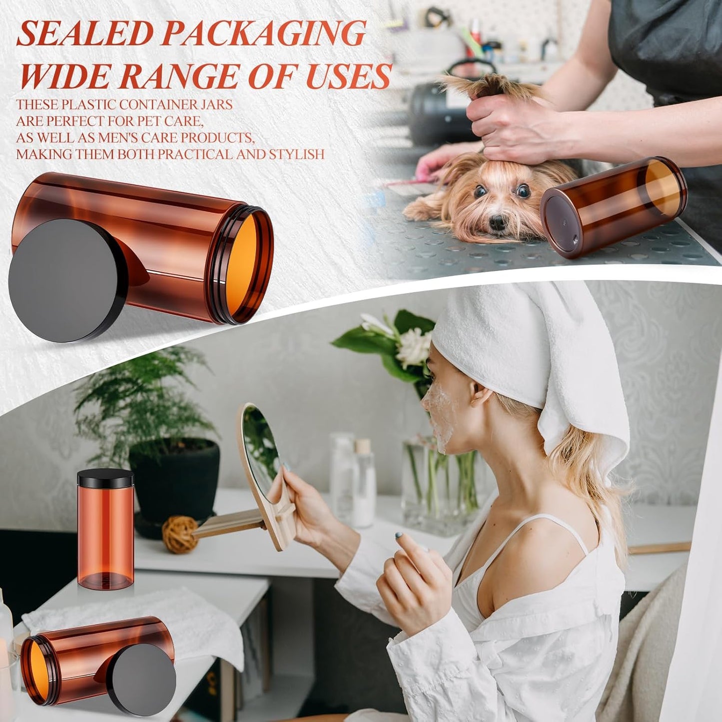 Patelai 4 Pieces Round Wide-mouth Leak Proof Plastic Container Jars with Lids for Travel Storage Makeup Beauty Products Face Creams Oils Salves Ointments DIY Making(32 Ounce,Amber)