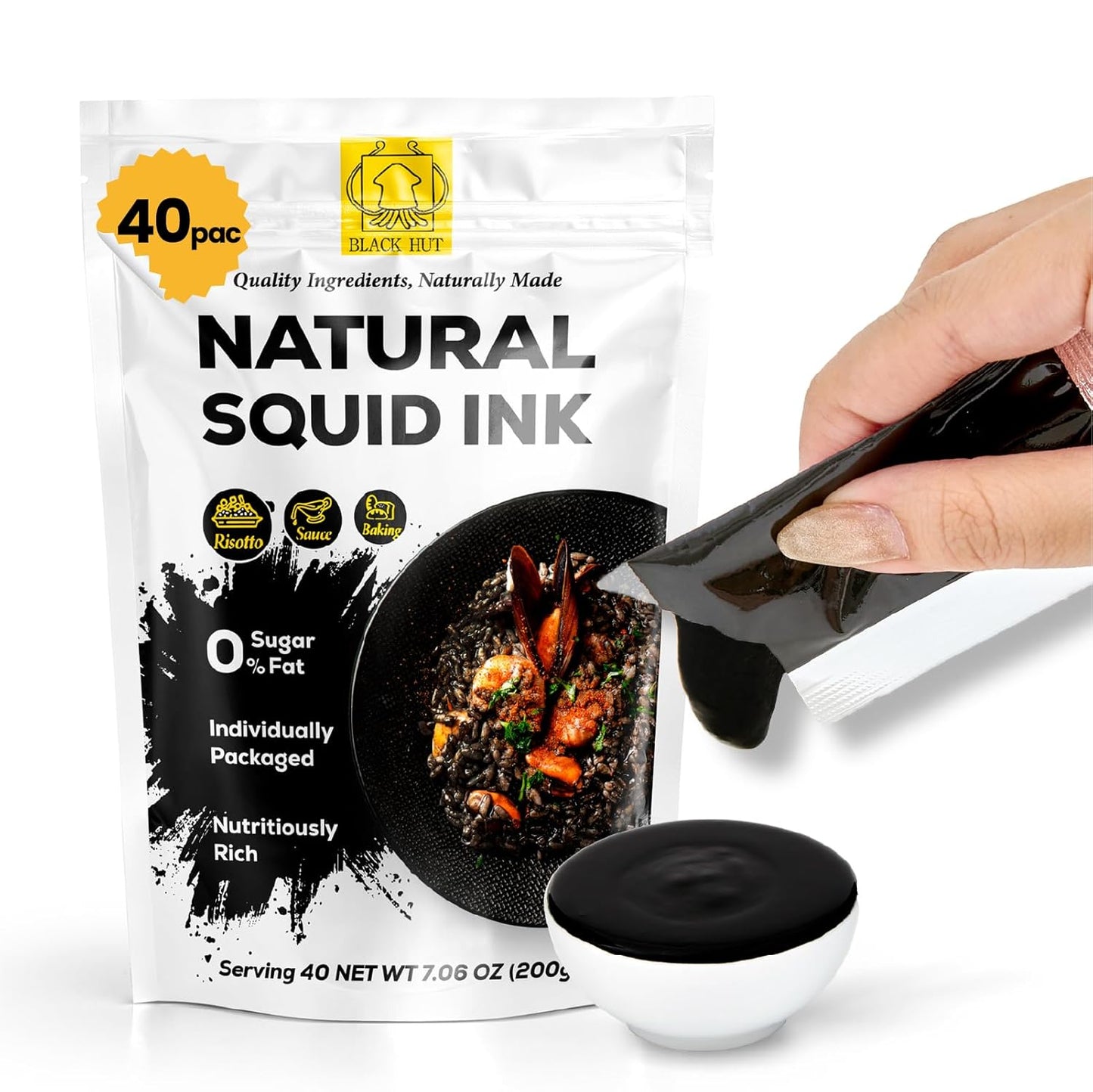 (5g x 40 Pack) Black Hut Squid Ink, Food Coloring Tinta Calamari for Rice Noodles Pasta Spaghetti Risotto, Cuttlefish Ink for Baking mix, Halal Certificate, Contains Molluscs, 7.06 oz / 200 g