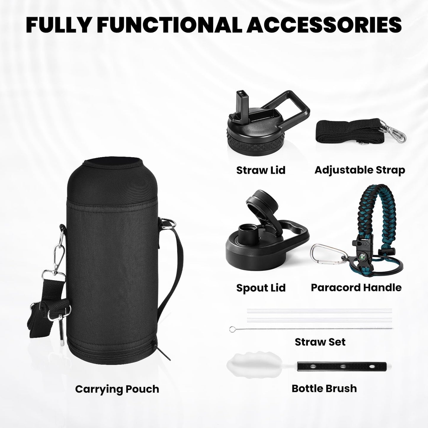 Insulated Water Bottle 32 oz, Triple Wall Vacuum Stainless Steel (Cold for 48 Hrs, Hot for 24Hrs), Leak Proof & Non-BPA, 32oz Hydro Water Flask with Paracord Handle & Straw Spout Lids