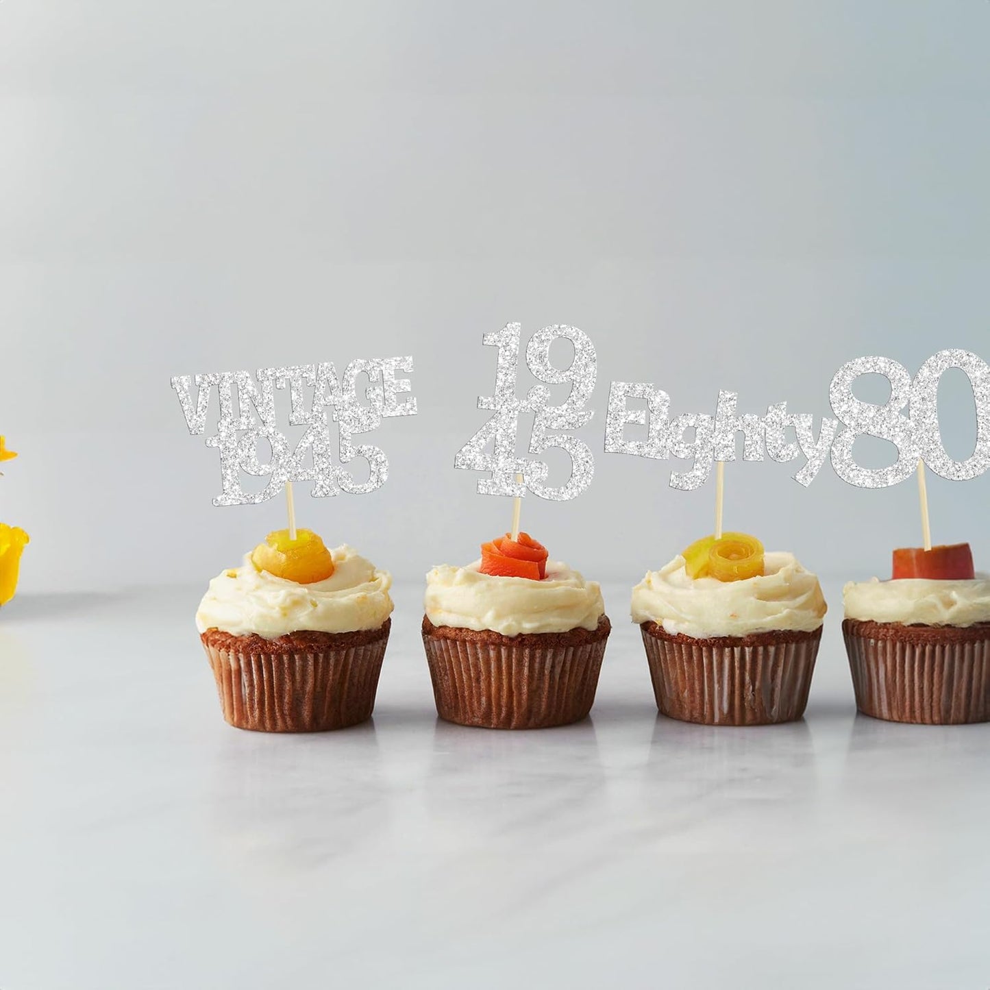 Gyufise 24Pcs 80th Birthday Cupcake Toppers Glitter Cheers to 80 Fabulous Eighty Vintage 1945 Cupcake Picks 80th Birthday Wedding Anniversary Party Cake Decorations Supplies Silver