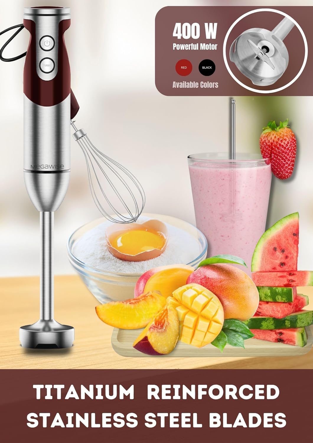 3-in-1 Immersion Hand blender, Powerful MOTOR & Stainless Steel Stick Blender, 4 Sharpe Blades with Whisk, Milk Frother Attachments