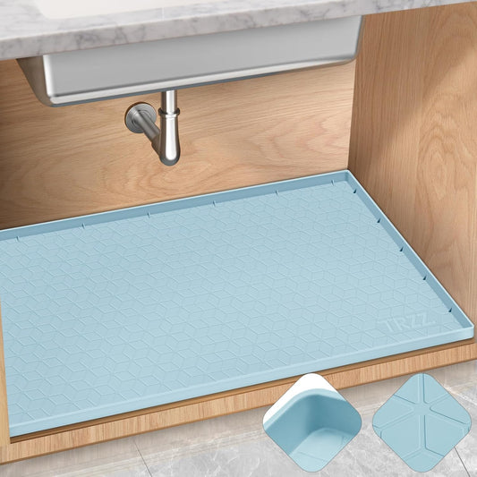 TRZZ Silicone Waterproof Under Sink Mat 34" x 22", Drip Tray and Cabinet Liner for Kitchen and Bathroom, Prevents Water Damage and Organizes Cabinets (Light Blue)