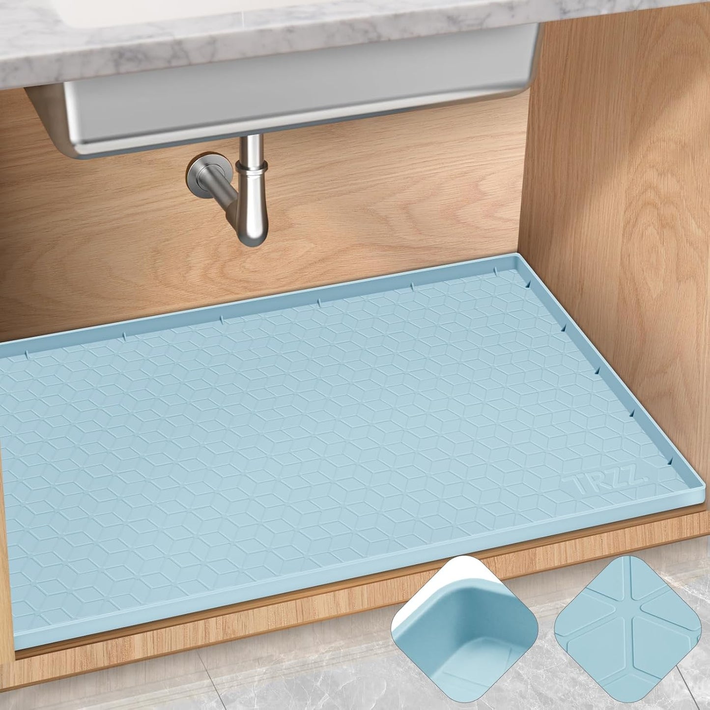 TRZZ Silicone Waterproof Under Sink Mat 28" x 19", Drip Tray and Cabinet Liner for Kitchen and Bathroom, Prevents Water Damage and Organizes Cabinets (Light Blue)