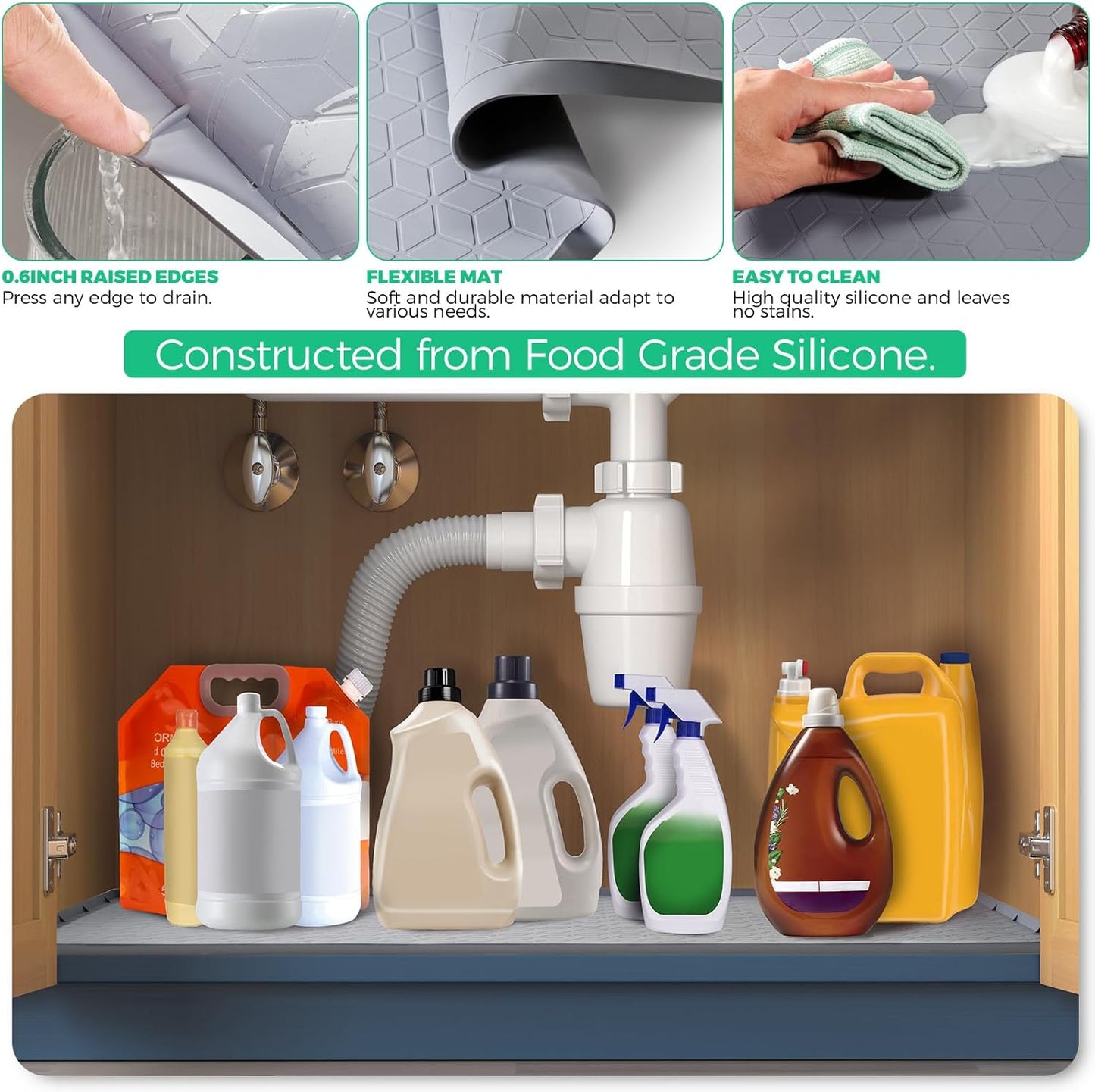 TRZZ Silicone Waterproof Under Sink Mat 34" x 22", Drip Tray and Cabinet Liner for Kitchen and Bathroom, Prevents Water Damage and Organizes Cabinets (Grey)