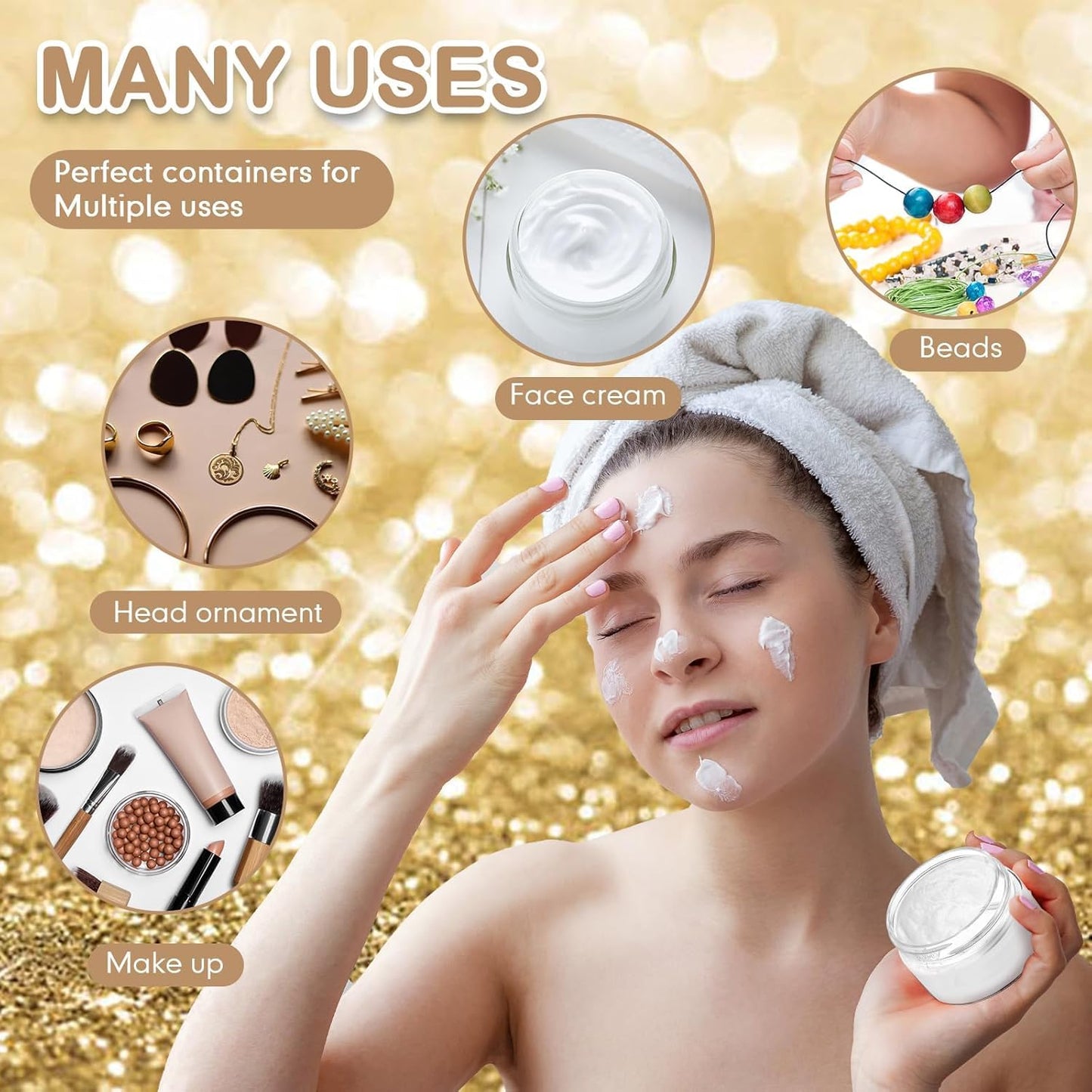 Patelai 4 Pieces Round Wide-mouth Leak Proof Plastic Container Jars with Lids for Travel Storage Makeup Beauty Products Face Creams Oils Salves Ointments DIY Making(2 Ounce,Gold)