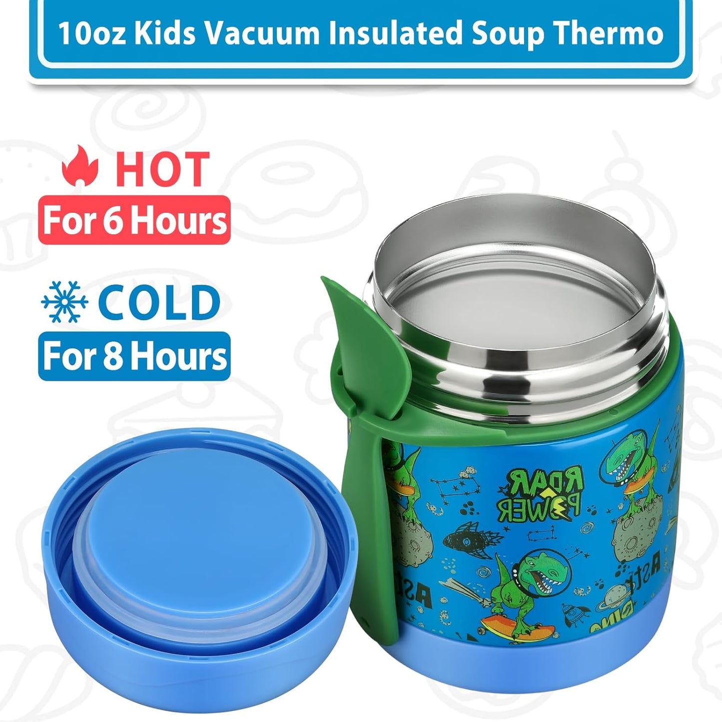 10oz Soup Thermo for Hot Food Kids,Lunch Thermo Kids Food Jar with Spoon Hot Insulated Food Containers,Leak Proof Stainless Steel Wide Mouth Lunch Food Thermo Jar for School(Blue-Dinosaur)