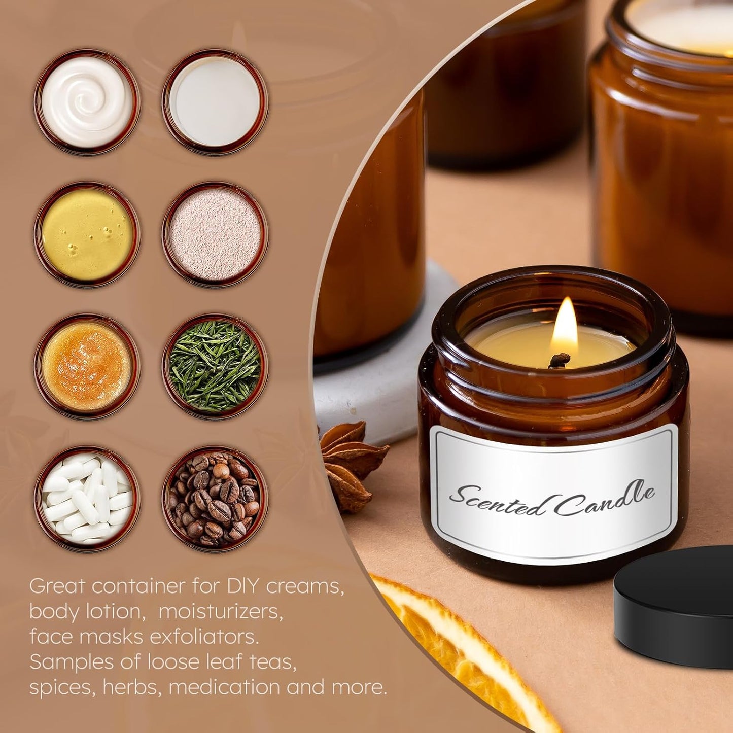 Bumobum 2 oz Glass Jars with Lids, 48 pack Round Small Containers with Black Lids, Blank Labels & Inner Liners, Empty Cosmetic Containers for Sample, Powder, Cream, Lotion Amber and Blue