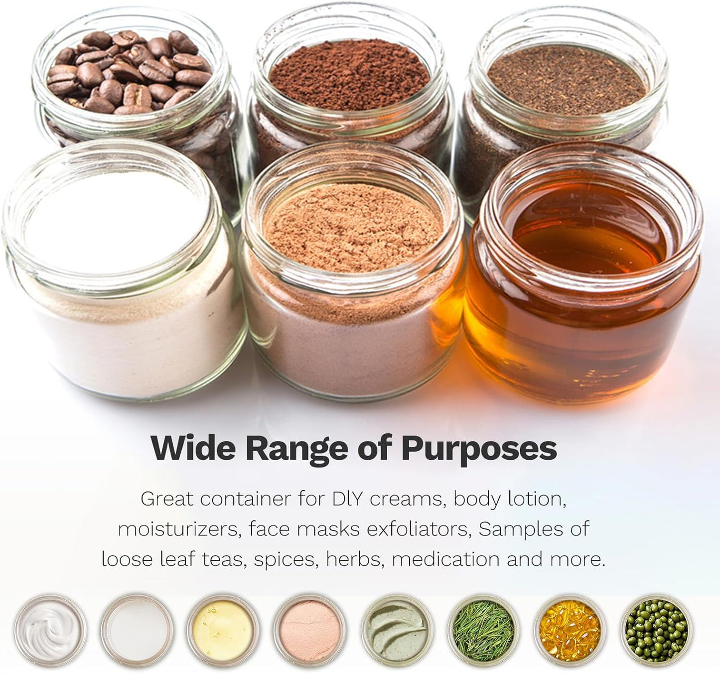 2 oz Glass Jars with Plastic Woodgrain Lids, Bumobum 48 pack Round Clear Cream Jars with Black and White Labels & Inner Liners, Empty Cosmetic Containers for Cream, Lotion, Ointment