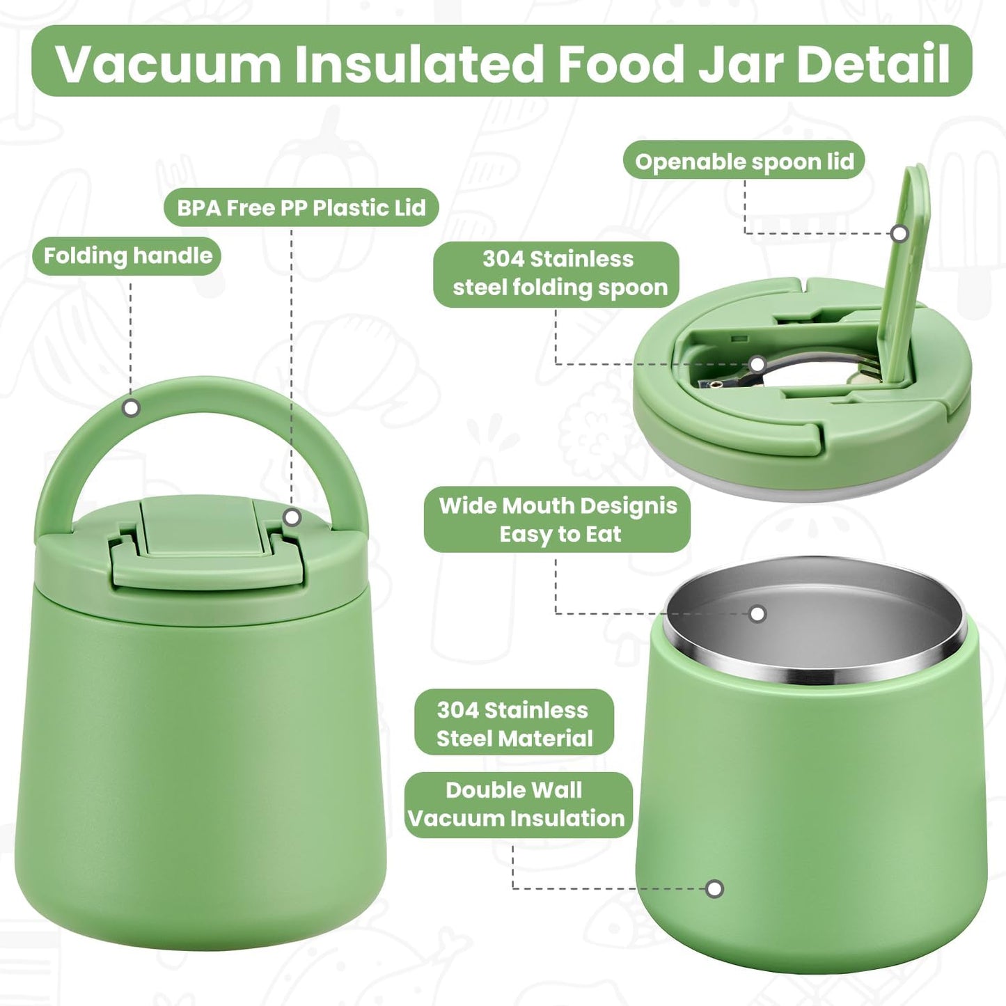 20oz Insulated Vacuum Food Jar with Buckle Lid,Soup Thermo for Hot Food Kids,Wide Mouth Leakproof Stainless Steel Lunch Container with Spoon-Green