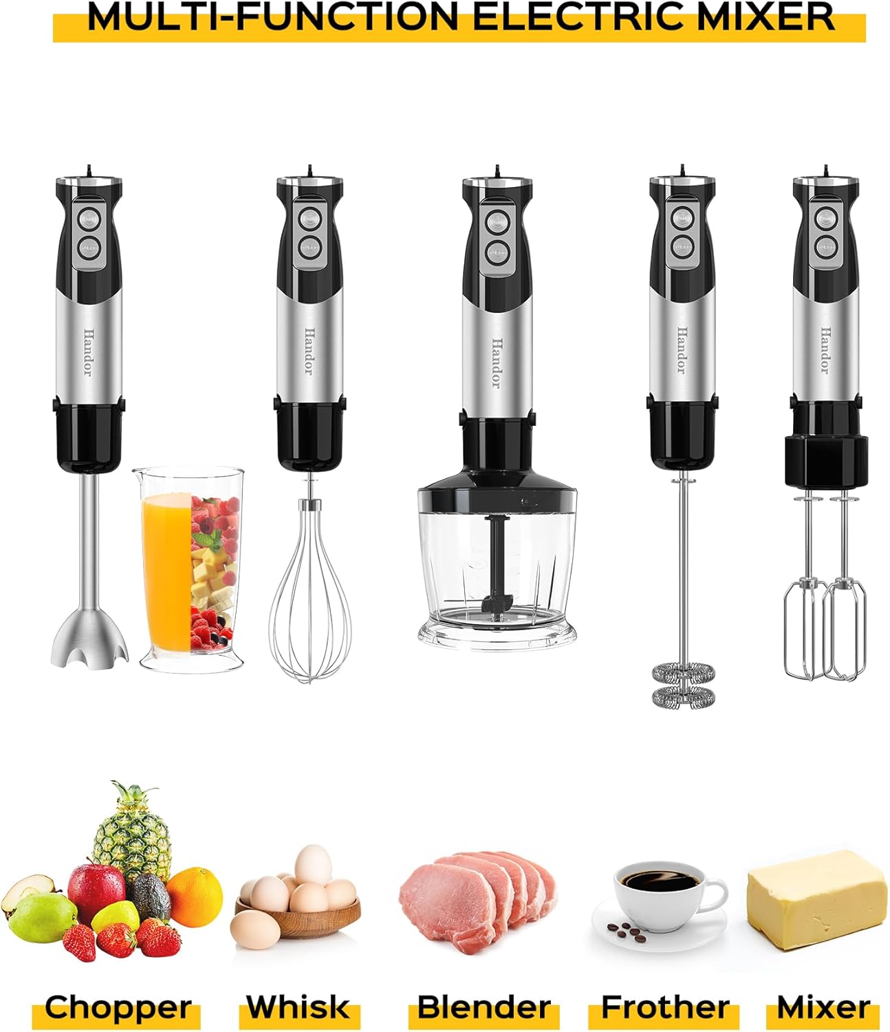 Handor 6-in-1 Hand Immersion Blender, 1000W 12 Speed Handheld Blender with 600ml Beaker, 500ml Chopper, Egg Whisk, Milk Frother, Stainless Steel Blades for Soup, Smoothie, Puree
