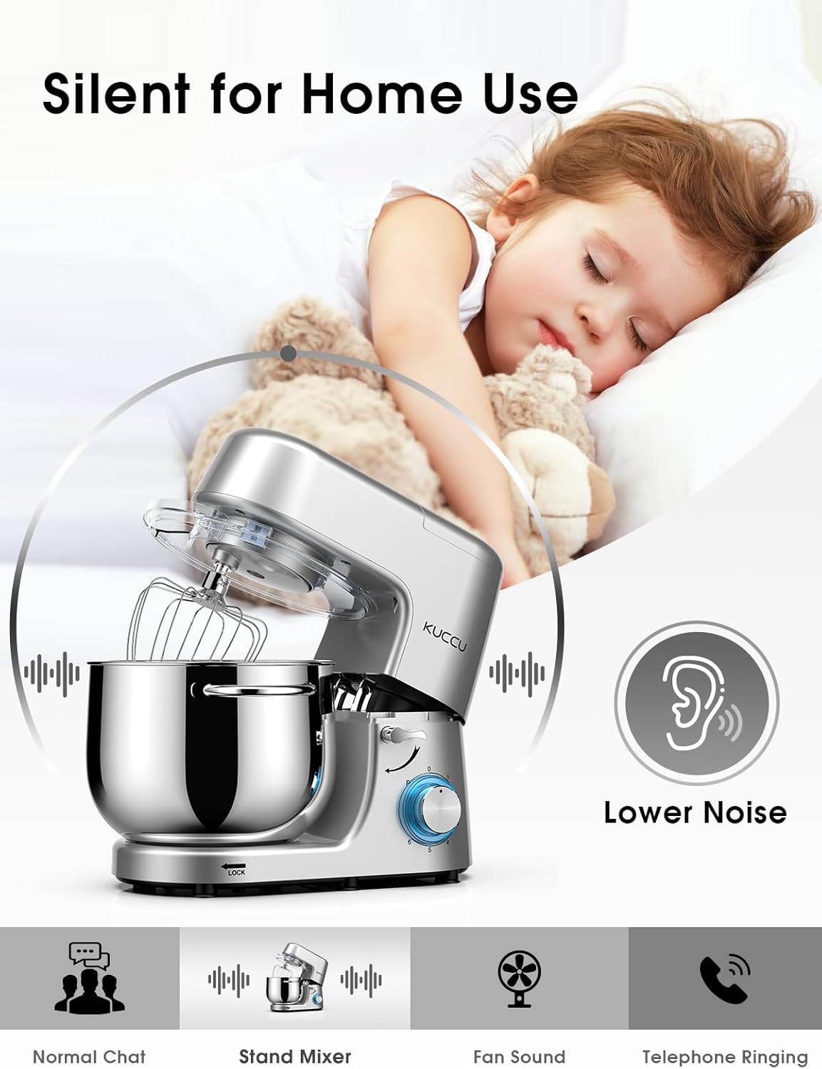 9.5 QT Double Handle KUCCU Stand Mixer, 6 Speed with Pulse Electric Kitchen Mixer, 660W Tilt-Head Food Mixer with Dishwasher-Safe Dough Hook, Flat Beater, Whisk, Splash Guard for home baking (Silver)