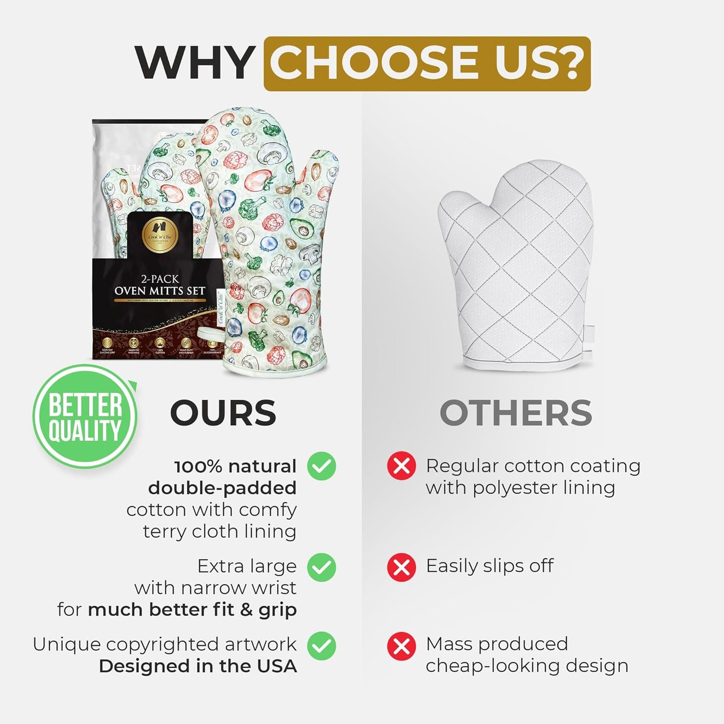 Premium Green Oven Mitts - Stylish and Heat-Resistant - Non-Slip Platinum Silicone Grip - Long and Thick - 100% Natural Cotton Exterior and Soft Terry Cloth Lining - Set of 2 by Cook'n'Chic