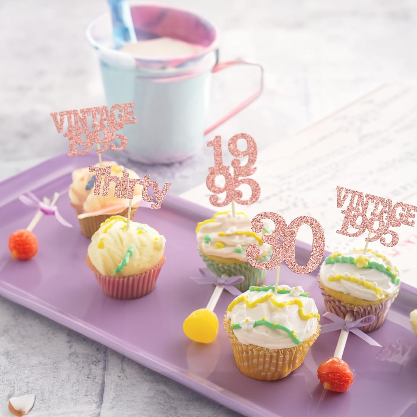 Gyufise 24Pcs Happy 30th Birthday Cupcake Toppers Glitter Thirty 30 Fabulous Vintage 1995 Cupcake Picks for 30th Birthday Wedding Anniversary Party Cake Decorations Supplies Rose Gold