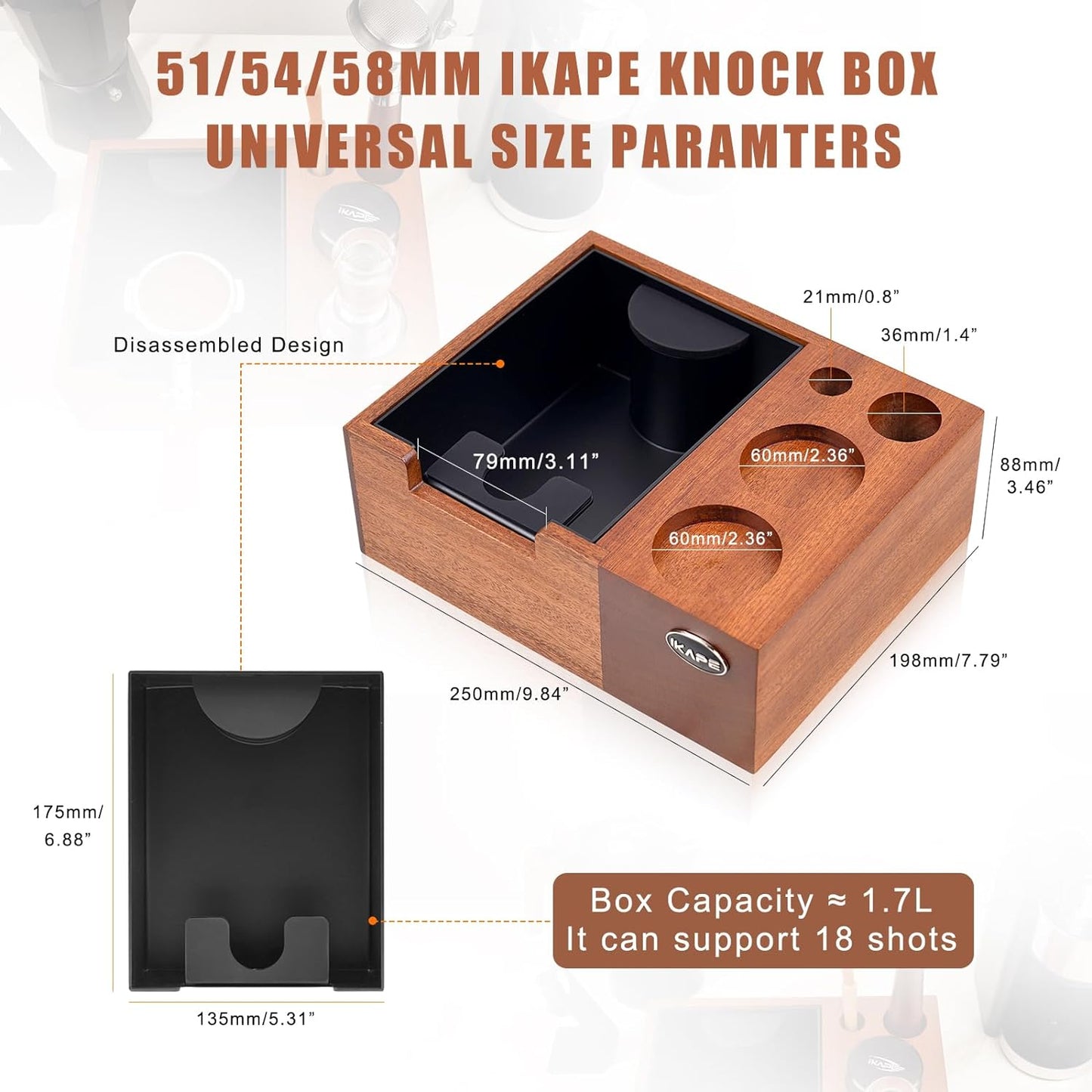 IKAPE Espresso Knock Box, Espresso Coffee Organizer Box Fit for Storage 51, 54, 58MM Espresso Tamper, Distributor, Portafilter & Puck Screen Accessories, Natural Sandywood Station Base