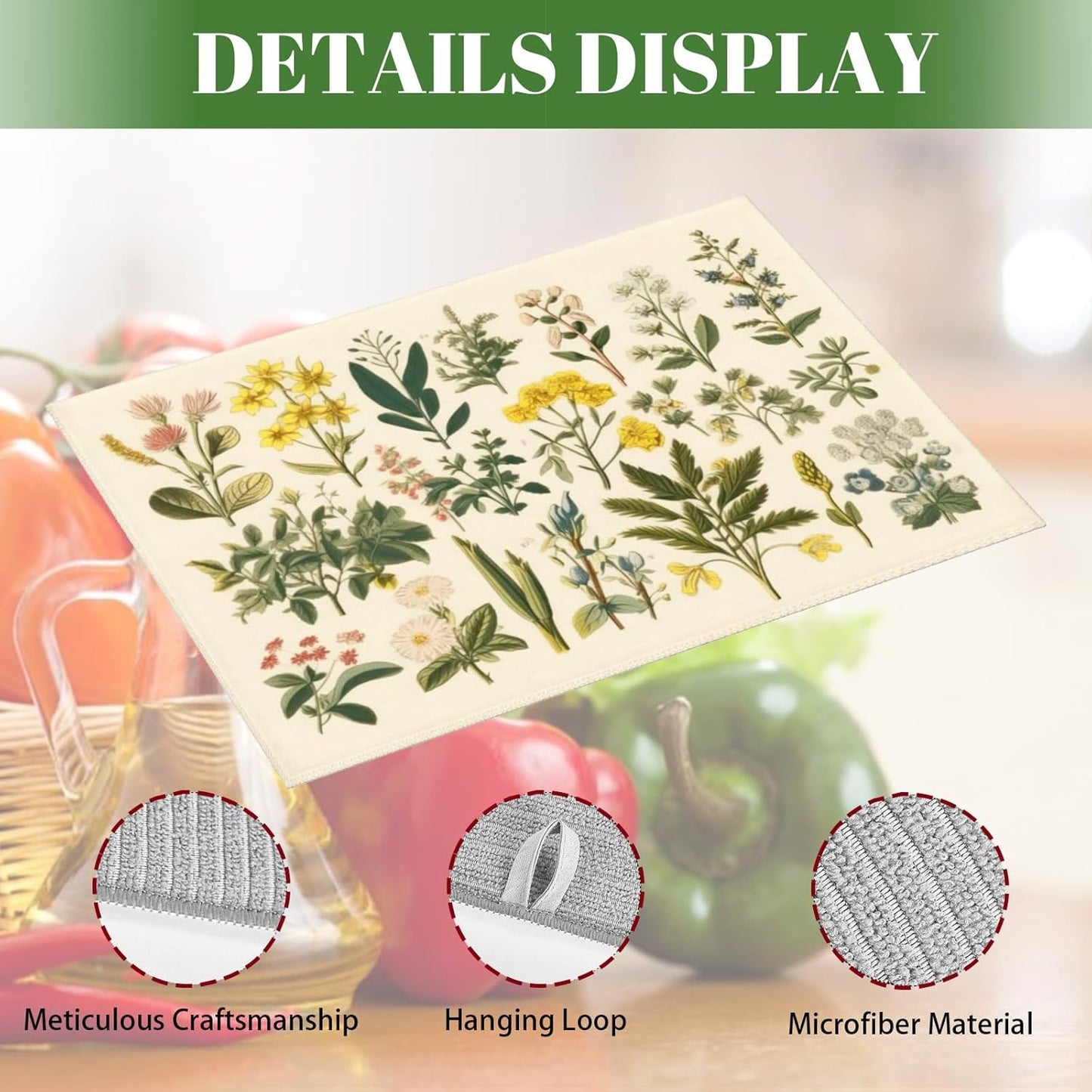 Floral Microfiber Dish Drying Mat XL for Kitchen Counter Absorbent Large Dish Drying Pads Reusable Washable Plants Herbs Draining Mat 18x24 Inch