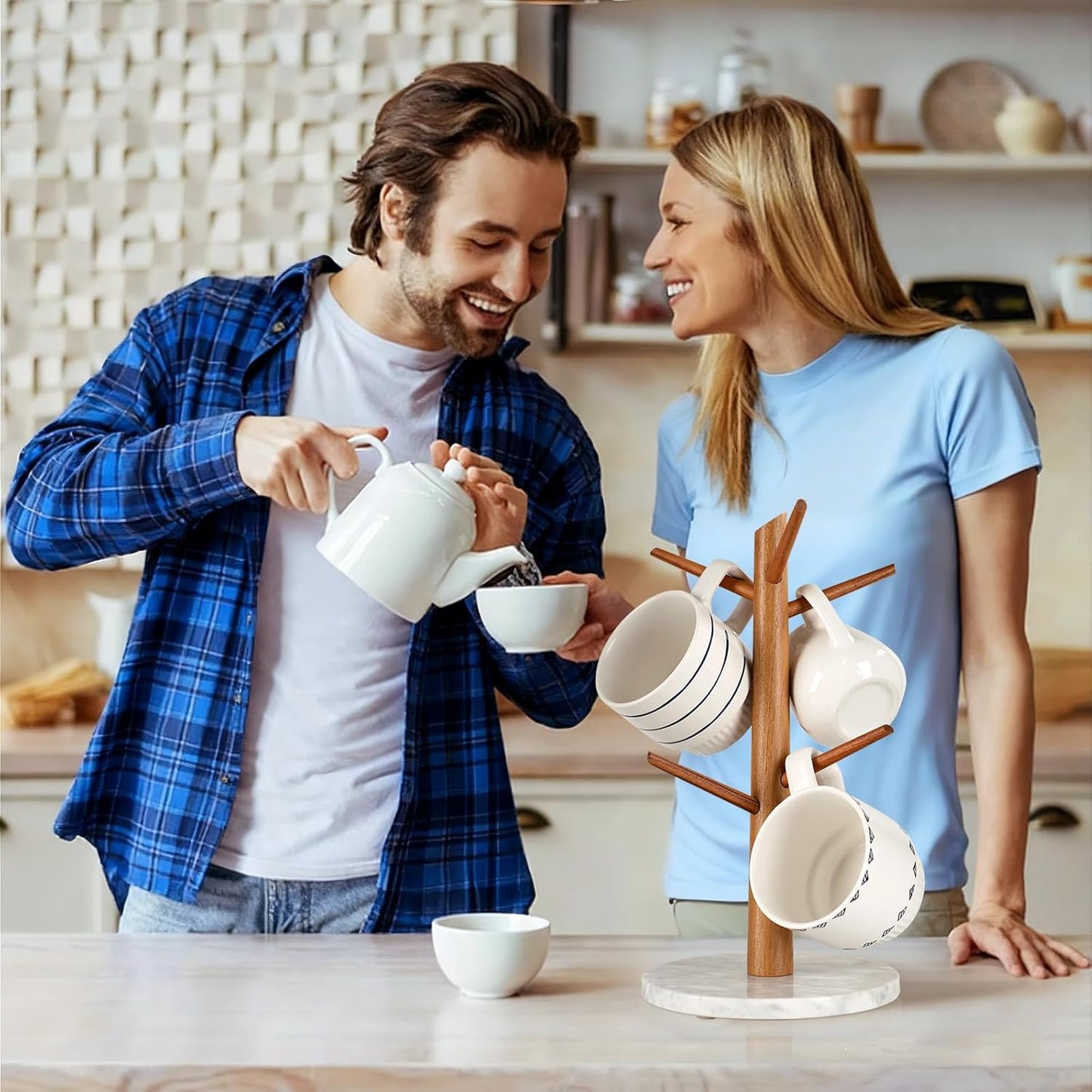 Acacia Wood Mug Tree, Marble Base Coffee Mug Tree for Counter, Mug Holder Tree with 6 Hooks for Kitchen Coffee Bar Mug Organize