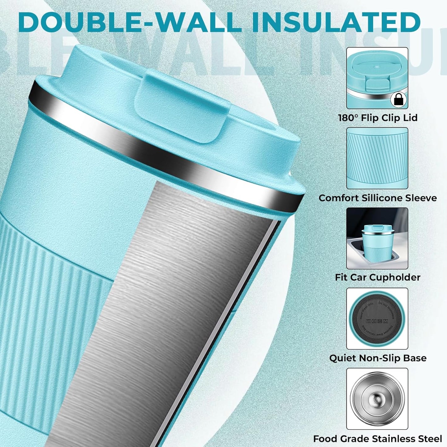 Insulated Coffee Tumbler 12 oz, Stainless Steel Coffee Mug with Lids, Travel Coffee Mug Leak Proof, Double Wall Vacuum Insulated Reusable Coffee Cup, Keep Drinks Hot and Cold (Turquoise, 12 Ounces)