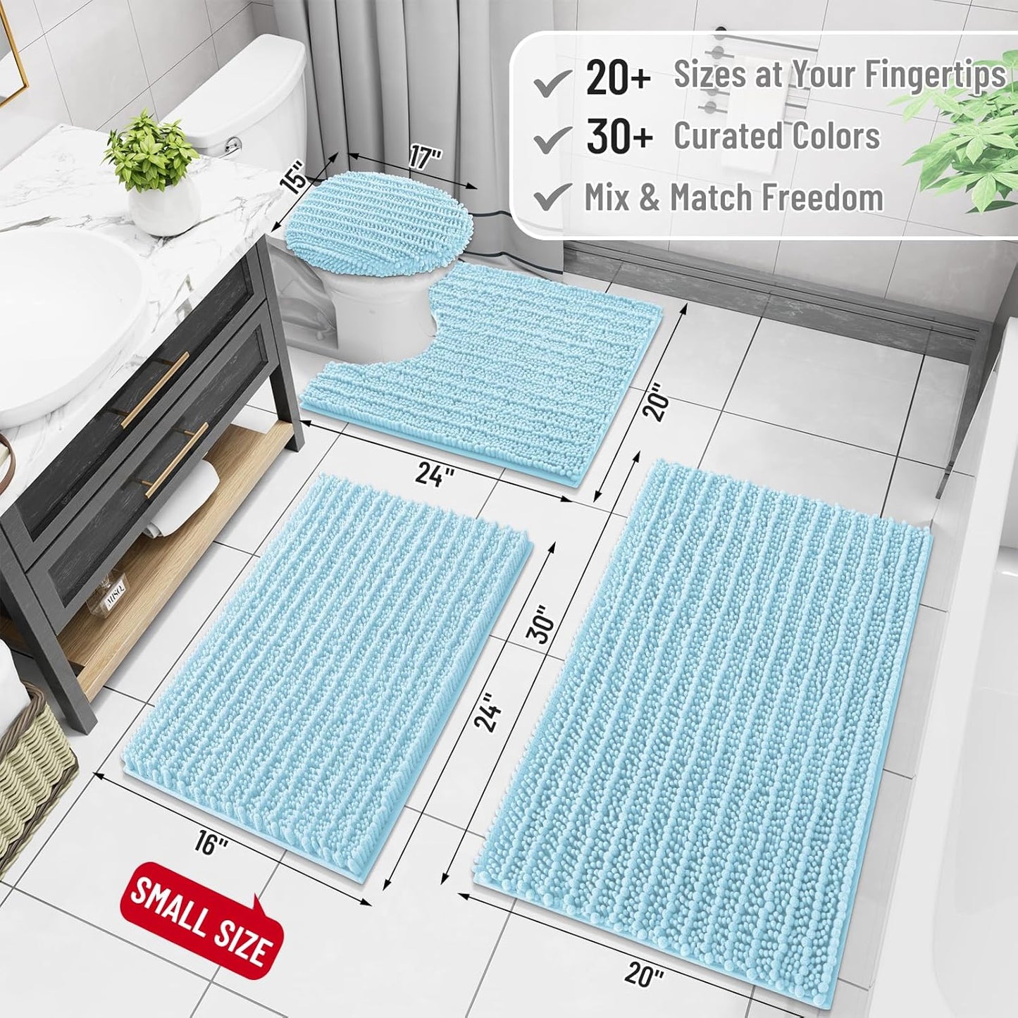 Arotive Luxury Chenille Bathroom Rug Mat, Extra Soft Thick Absorbent Shaggy Bath Rugs, Non-Slip Machine Wash Dry, Plush Bath Mats for Bathroom, Shower and Tub, 24x16, Blue