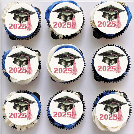 Gyufise 48Pcs Edible 2025 Graduation Cap Cupcake Toppers Wafer Paper Class of 2025 Grad Cap Cupcake Picks for 2025 Graduation Theme Party Cake Decorations Supplies Pink
