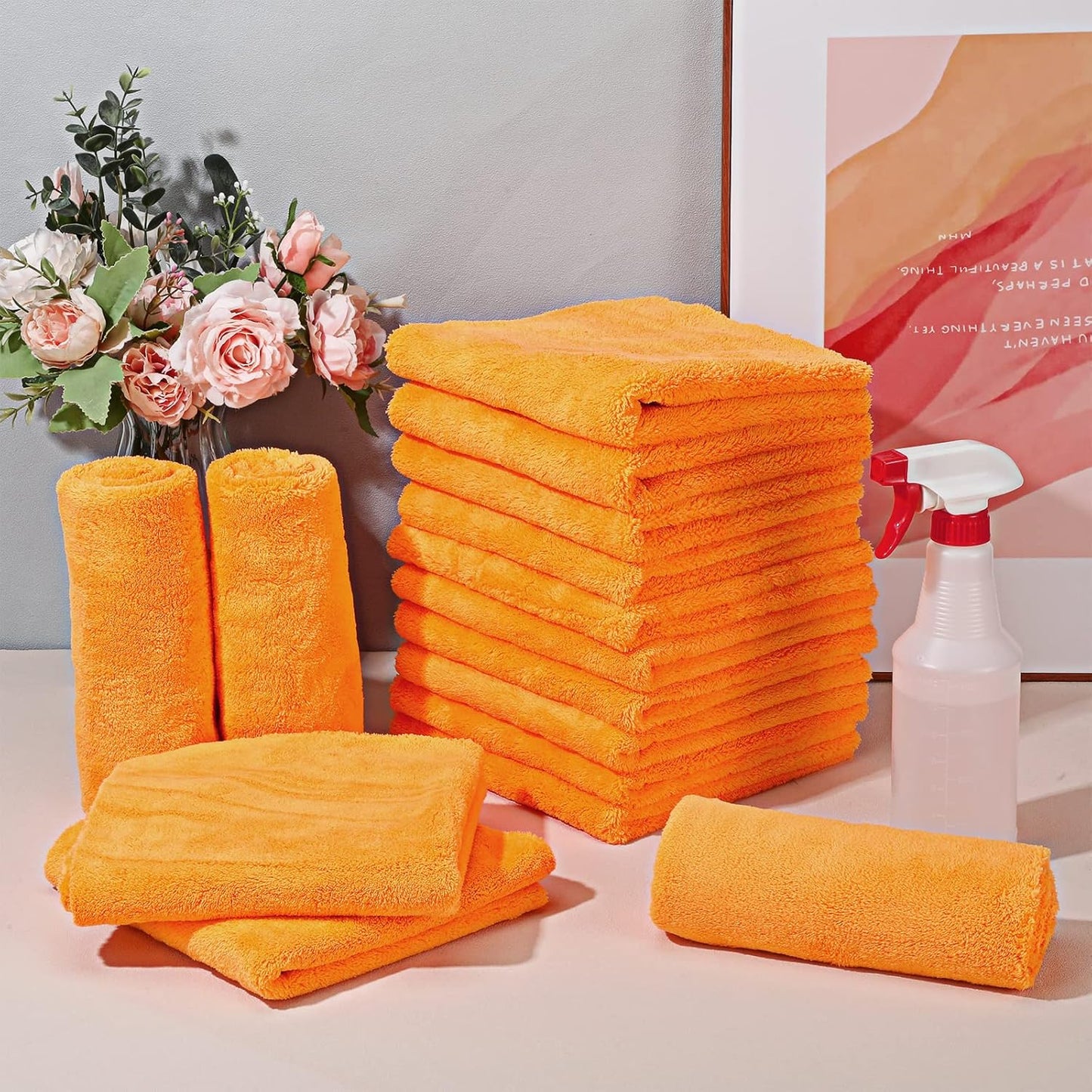 Shimeyao 30 Pcs Edgeless Microfiber Plush Towels for Cars Detailing Drying Wash Polishing Absorbent Cleaning Cloths, 500 GSM, 16 x 16 Inch(16 x 16 Inch,Orange,30 Pcs)