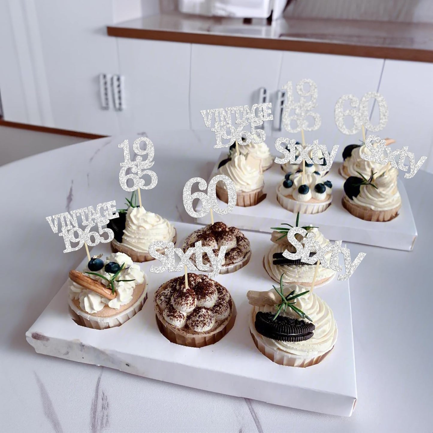 Gyufise 24Pcs 60th Birthday Cupcake Toppers Cheers to 60 Fabulous Sixty Cupcake Picks Vintage 1965 Decorations for 60th Birthday Wedding Anniversary Party Cake Decorations Supplies Silver