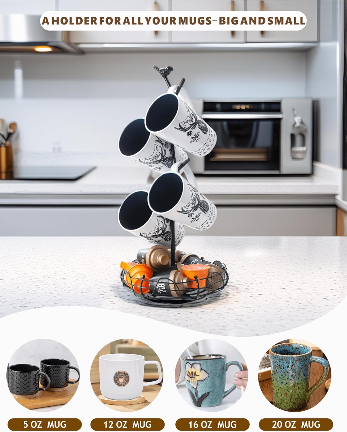 Coffee Mug Holder for Countertop, Mug Tree with Bird's Nest Storage Basket, Holds 4 Large Mugs (20oz Compatible), Whimsical Kitchen Decor, Coffee Bar Accessories (Black)