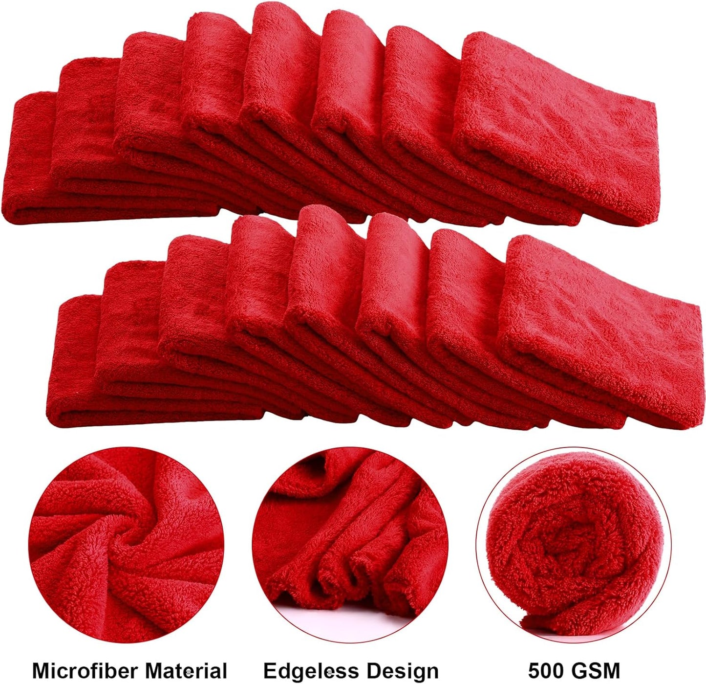 Shimeyao 30 Pcs Edgeless Microfiber Plush Towels for Cars Detailing Drying Wash Polishing Absorbent Cleaning Cloths, 500 GSM, 16 x 16 Inch(16 x 16 Inch,Red,30 Pcs)