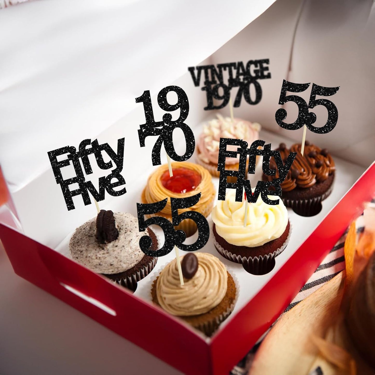 Gyufise 24Pcs Vintage 1970 Cupcake Toppers Glitter Cheers to 55 Fabulous Fifty Five Cupcake Picks 55th Birthday Wedding Anniversary Party Cake Decorations Supplies Black