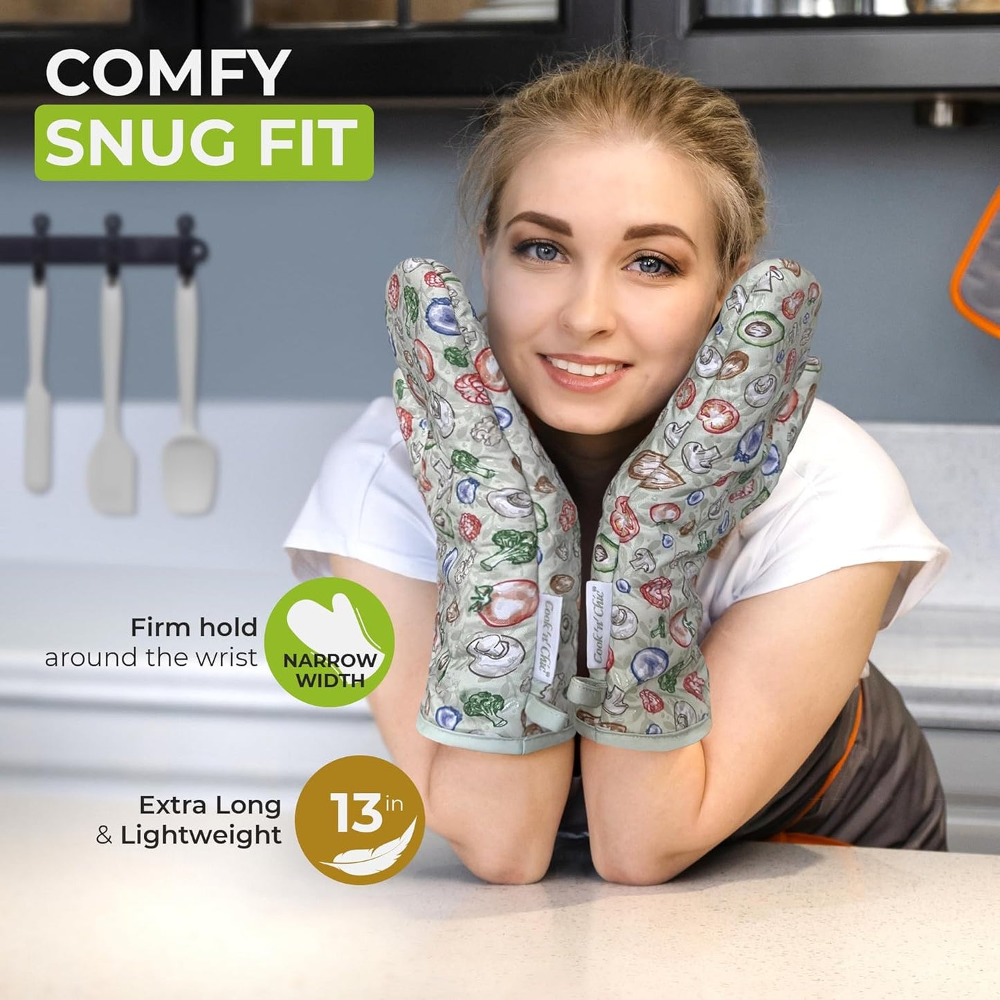 Premium Green Oven Mitts - Stylish and Heat-Resistant - Non-Slip Platinum Silicone Grip - Long and Thick - 100% Natural Cotton Exterior and Soft Terry Cloth Lining - Set of 2 by Cook'n'Chic