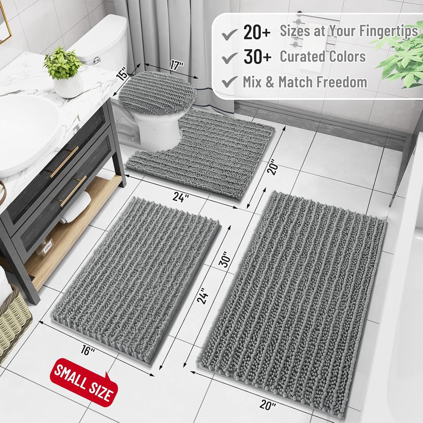 Arotive Luxury Chenille Bathroom Rug Mat, Extra Soft Thick Absorbent Shaggy Bath Rugs, Non-Slip Machine Wash Dry, Plush Bath Mats for Bathroom, Shower and Tub, 30x20, Grey