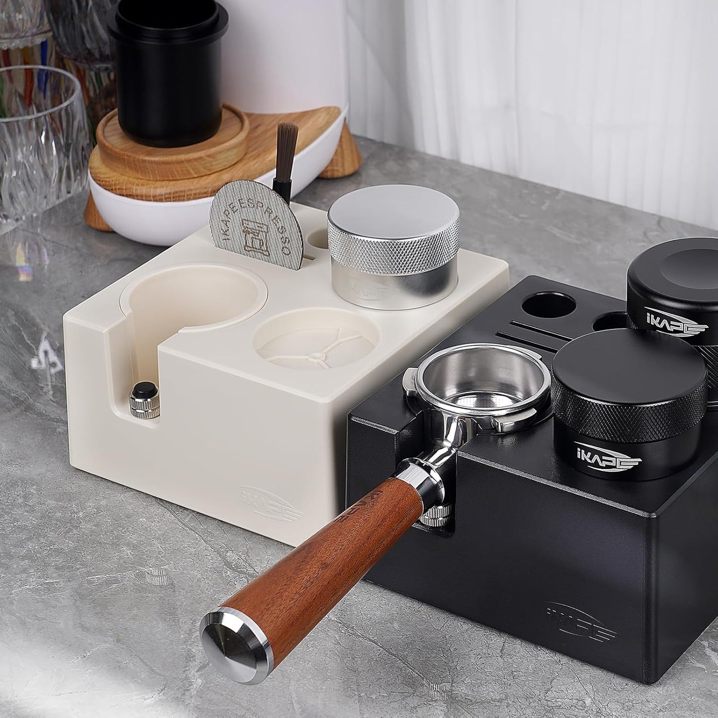 IKAPE ABS Espresso Knock Box, 7 in 1 Coffee Organizer Box Fit for Storage 51, 54, 58MM Espresso Tamper, Distributor, Portafilter & Puck Screen Accessories(White)