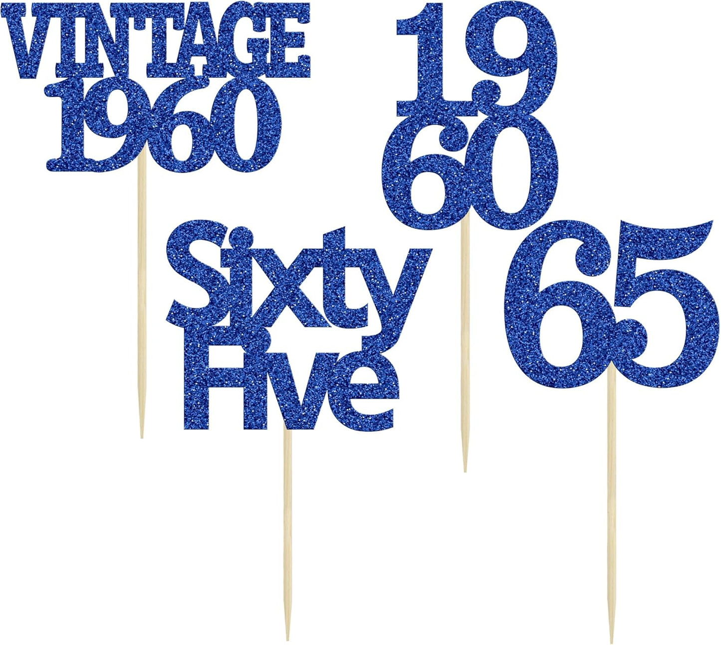 Gyufise 24Pcs Vintage 1960 Cupcake Toppers Glitter Cheers to 65 Fabulous Sixty Five Cupcake Picks 65th Birthday Wedding Anniversary Party Cake Decorations Supplies Deep Blue
