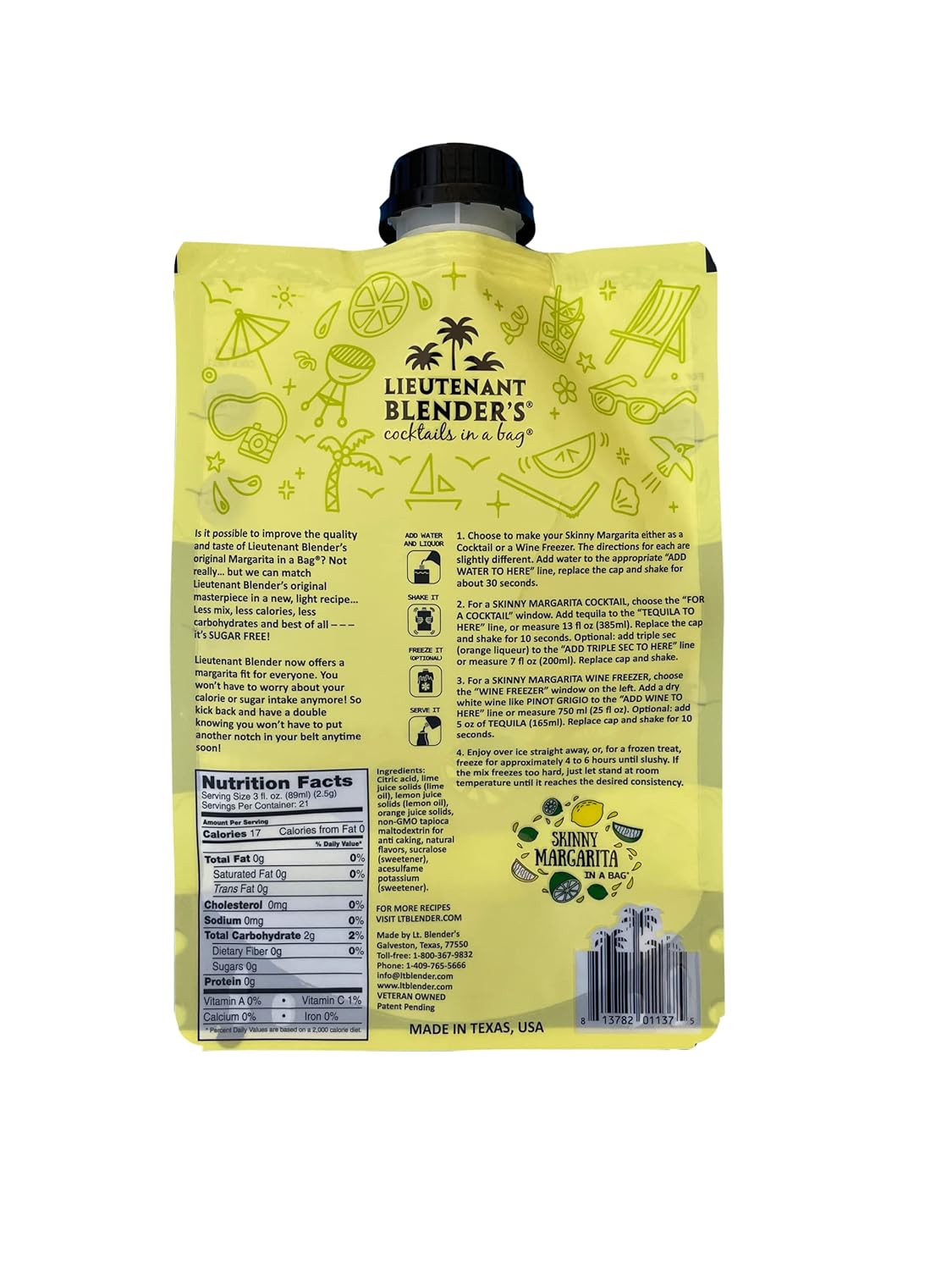 Lt. Blender's Skinny Margarita in a Bag - Skinny Margarita Mix - Each Bag Makes 1/2 Gallon of Keto Friendly Skinny Mixes – Low Carb Margarita Mix – Add Liquor, Wine or as Mocktails (Pack of 3)