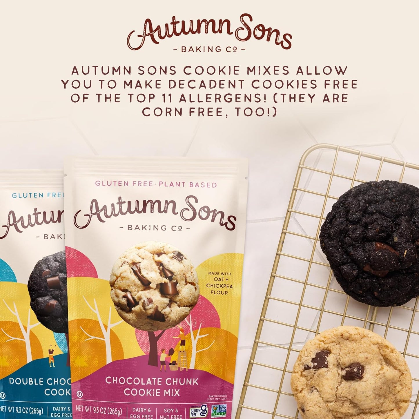 Autumn Sons Baking Co. Gluten Free Chocolate Chunk & Double Chocolate Chunk Cookie Mix Combo Pack. Vegan Plant Based Baking Mix. Free From 11 Common Allergens. 9.3 oz (Pack of 2)