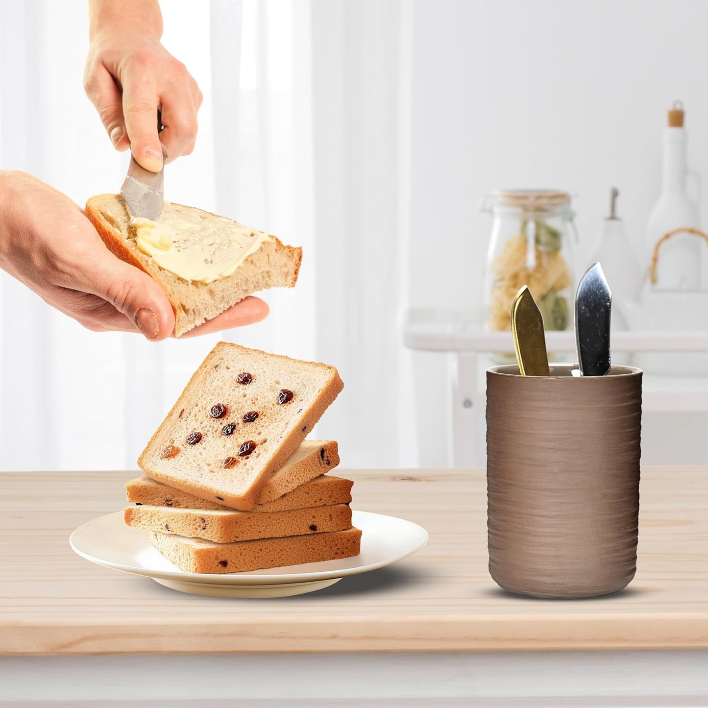 Ceramic Spoon Holder for Coffee Bar, Upright Tea Spoon Holder Cup, Coffee Stirrers Straws Stir Stick Holder, Glossy Silk Stripe