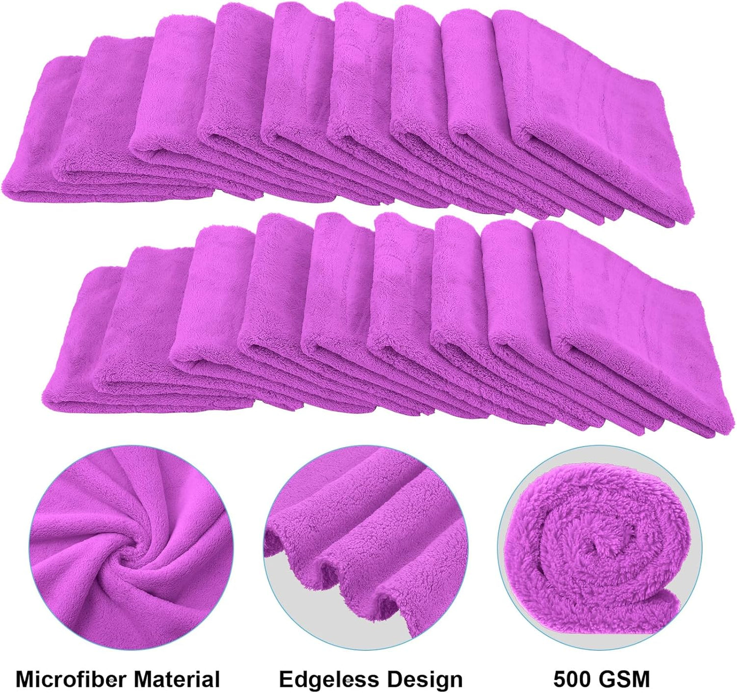 Shimeyao 30 Pcs Edgeless Microfiber Plush Towels for Cars Detailing Drying Wash Polishing Absorbent Cleaning Cloths, 500 GSM, 16 x 16 Inch(16 x 16 Inch,Purple,30 Pcs)