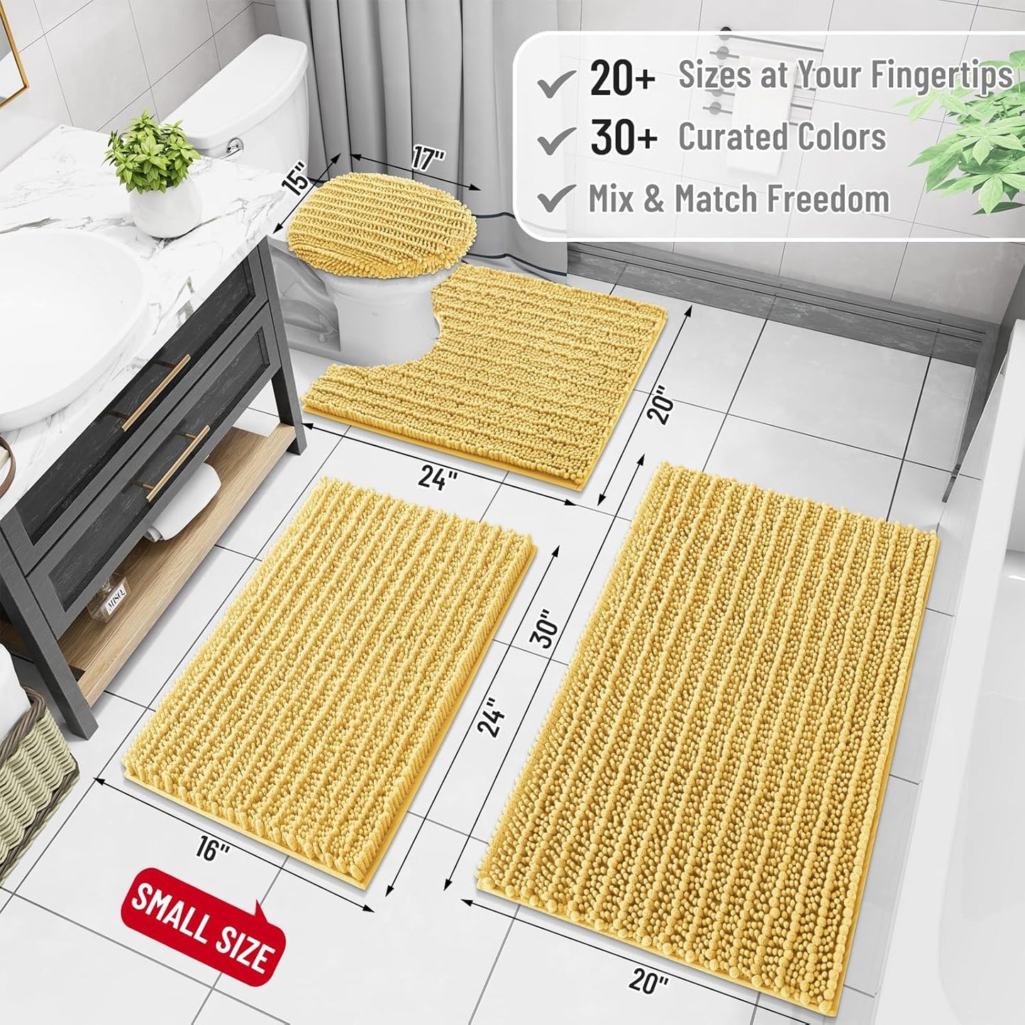 Arotive Luxury Chenille Bathroom Rug Mat, Extra Soft Thick Absorbent Shaggy Bath Rugs, Non-Slip Machine Wash Dry, Plush Bath Mats for Bathroom, Shower and Tub, 59x35, Yellow