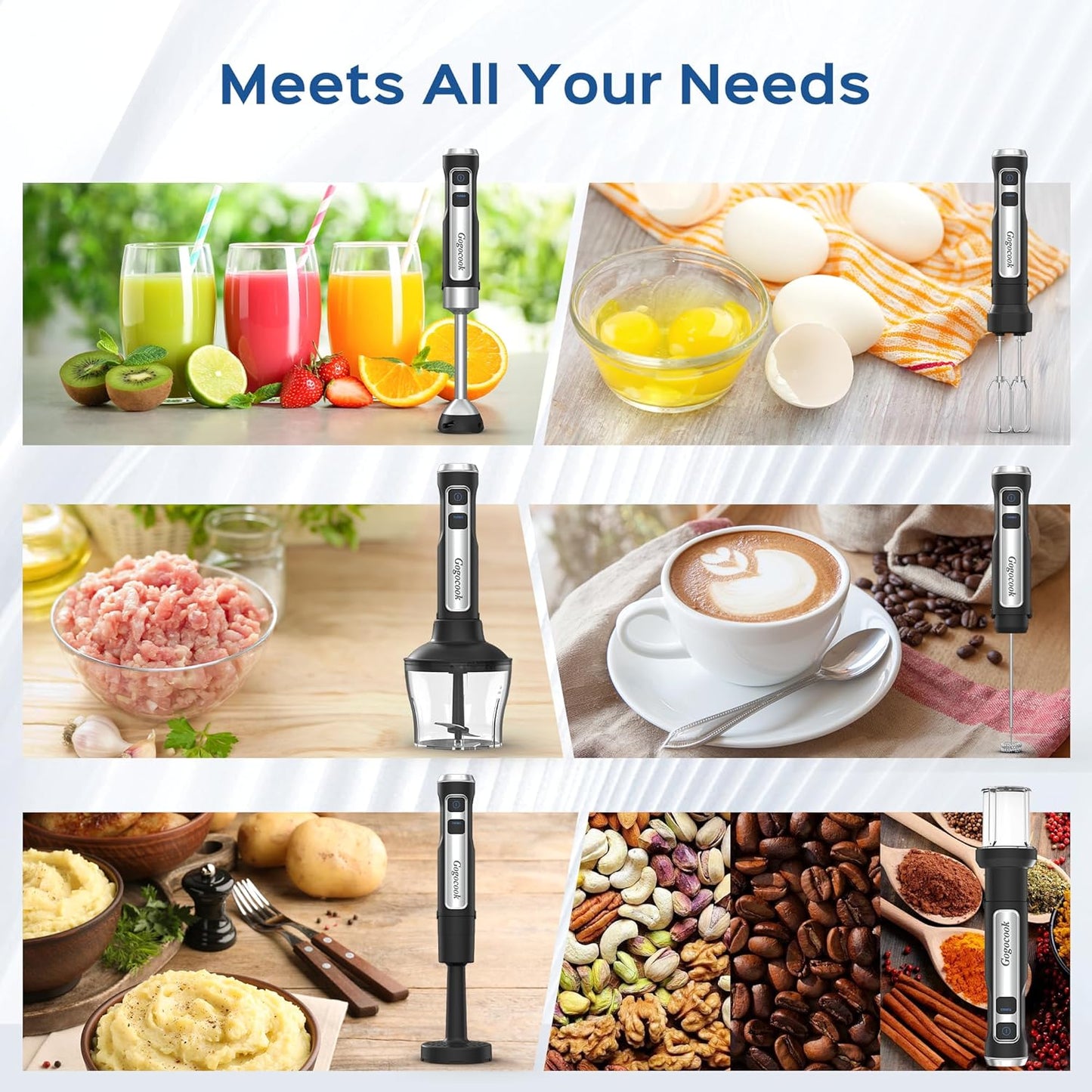 Immersion Blender Handheld 8 in 1 Hand Blender, Electric Blender Max 1000W Immersion Blender with 21 Speed & Turbo Mode, 21 Speed & Turbo Mode, Beaker Chopper Milk Frother Frother Grinder