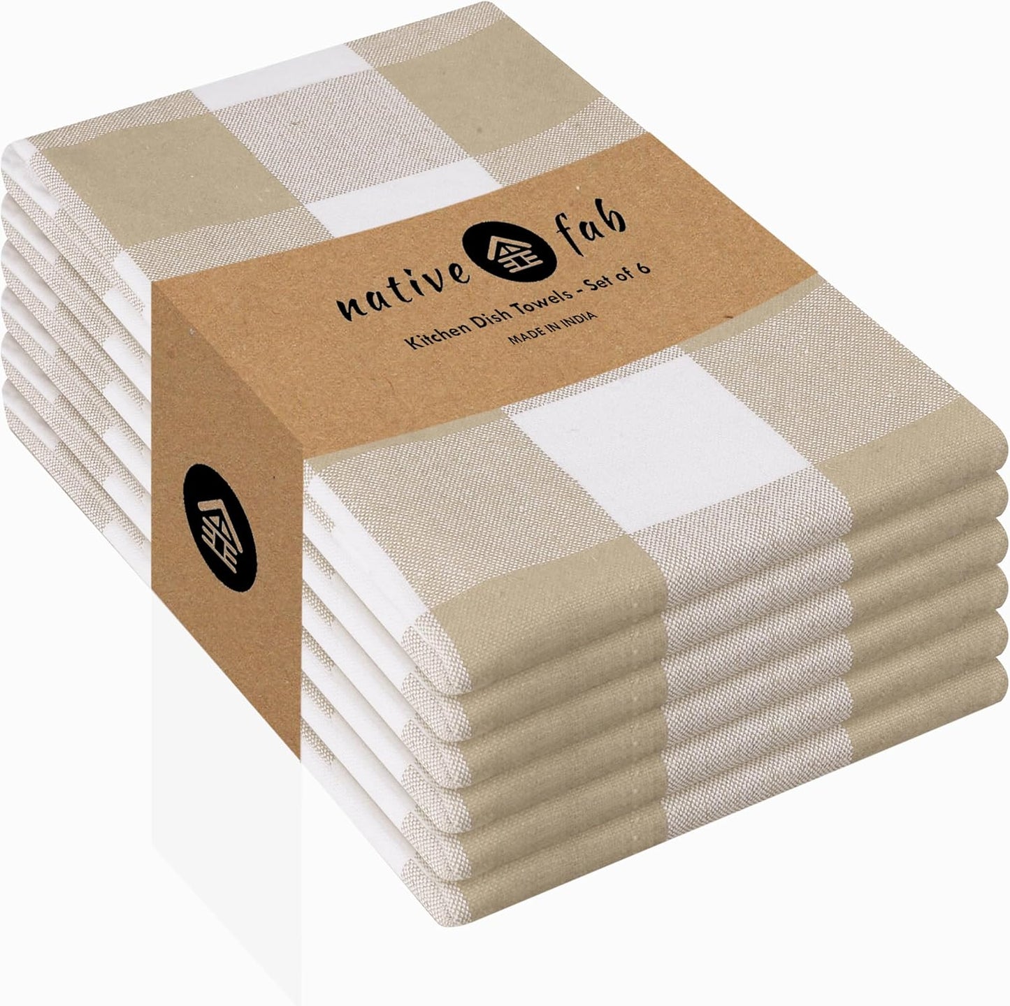 Native Fab 6 Pack Buffalo Check Kitchen Towels16 x26 - Cotton Dish Towels Washable - Absorbent Tea Towels, Soft Hand Towel with Hanging Loop, Dish Cloth Set - Beige White