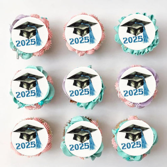 Gyufise 48Pcs Edible 2025 Graduation Cap Cupcake Toppers Wafer Paper Class of 2025 Grad Cap Cupcake Picks for 2025 Graduation Theme Party Cake Decorations Supplies Blue