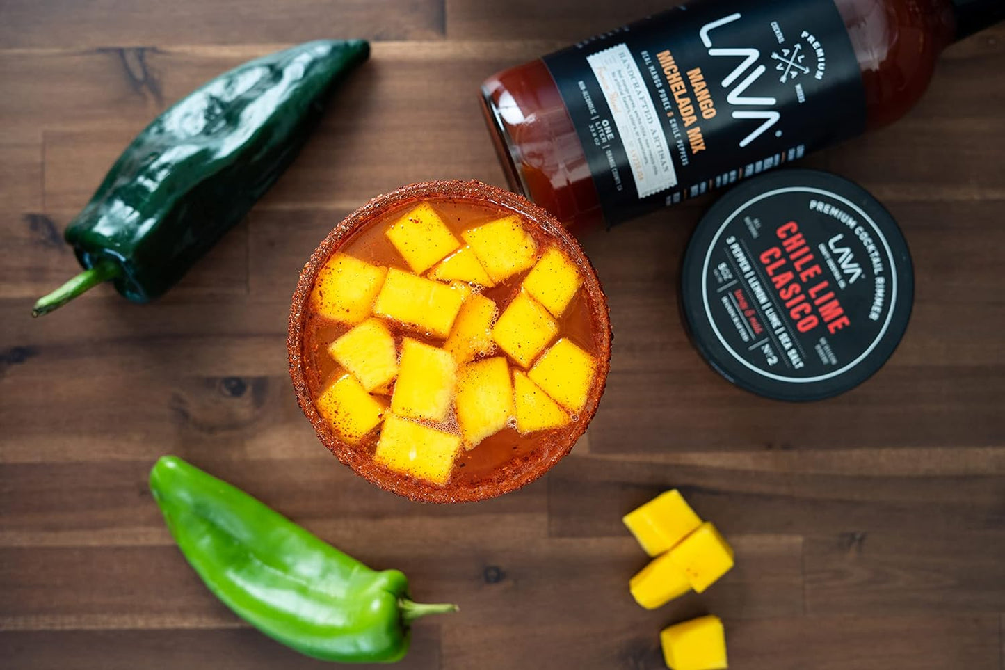 LAVA Premium Mango Michelada Mix Made With Real Mango Puree, Ancho Chile Peppers, New Mexico Chile, Tamarind, Vegan, 1-Liter (33.8oz) Glass Bottle, Ready to Use